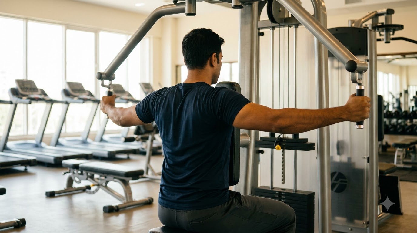 Machine Rear Delt Fly back exercises for posture relief for desk workers at One More Rep Mangalore
