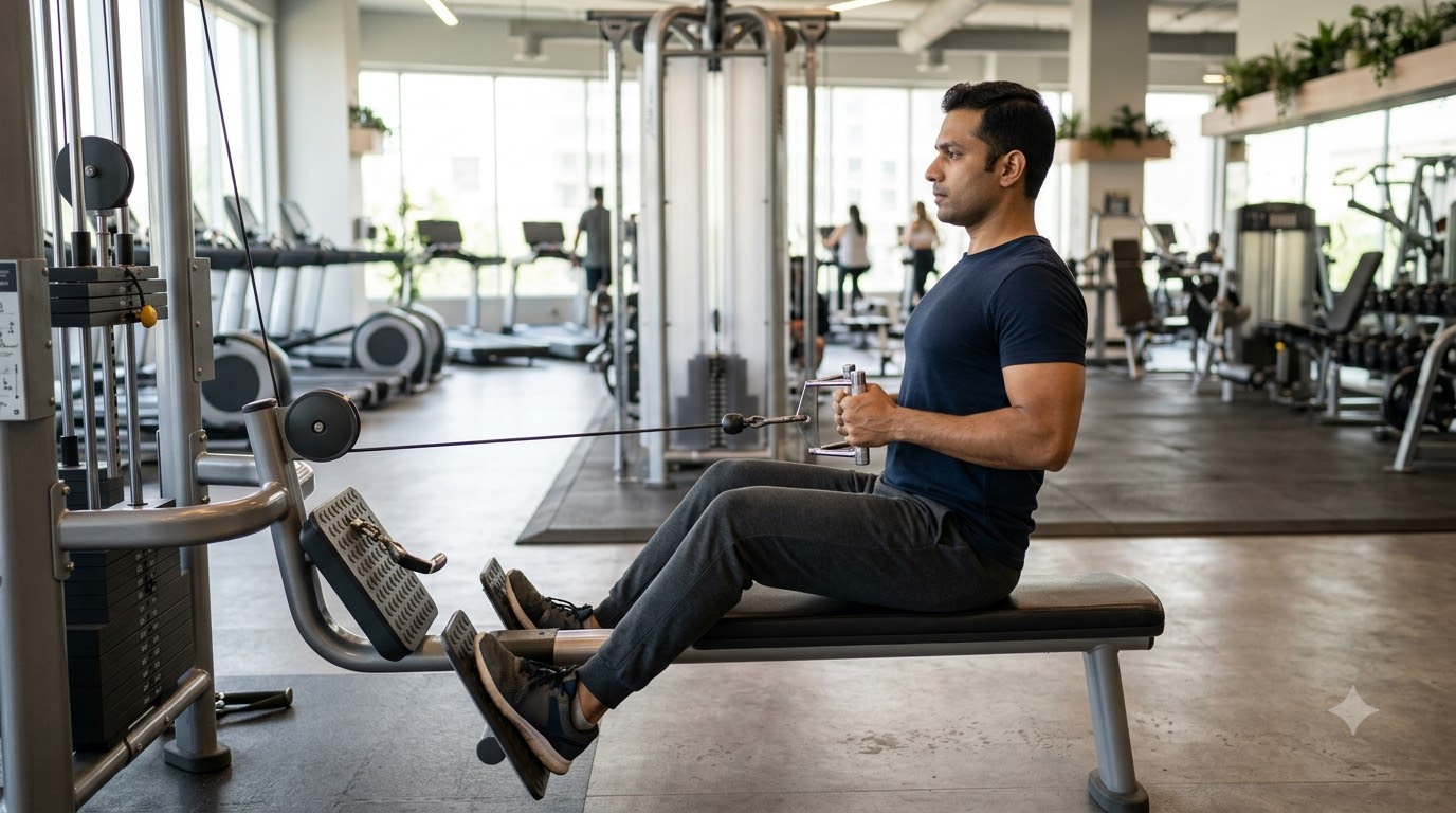 back exercises for posture relief for desk workers on cable machine at One More Rep Mangalore
